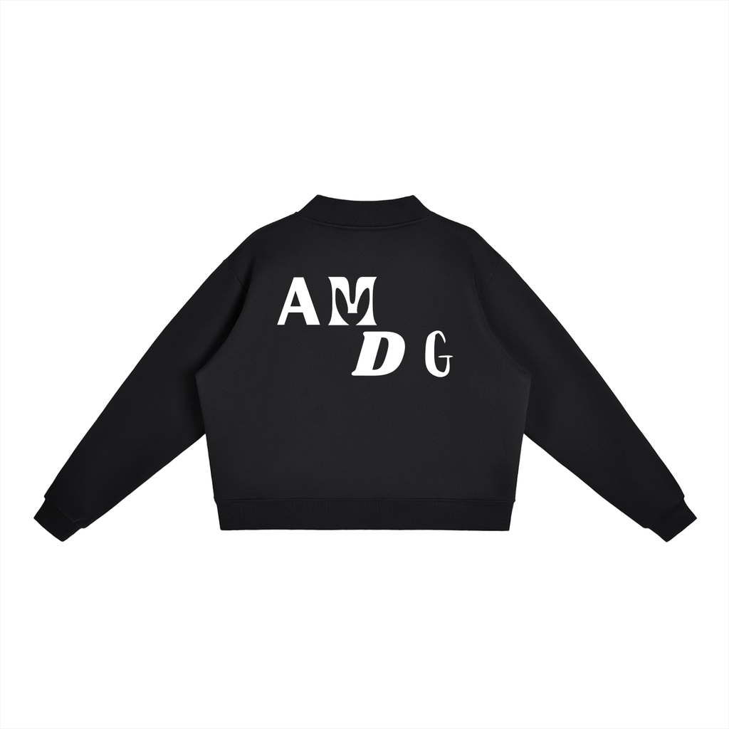 Women's loose long sleeve cropped turtleneck sweatshirt with Ad Majorem Dei Gloriam print